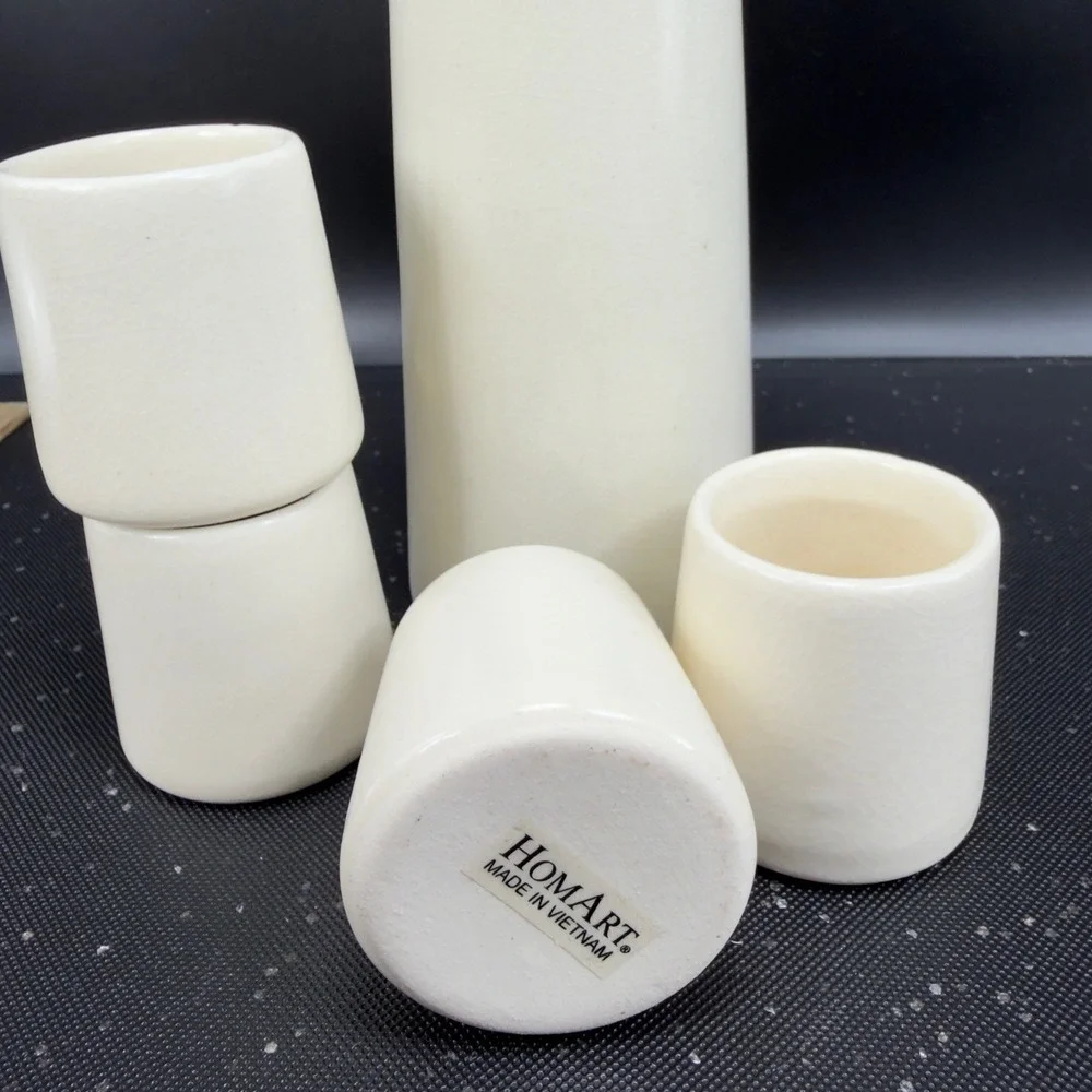 HomArt Ceramic Sake Set Cream White Crackle Glaze Carafe‎ 4 Cups Made in Vietnam
